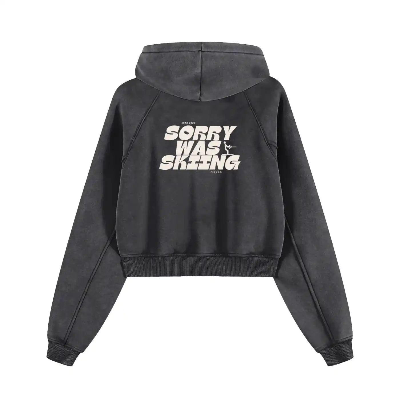 Black hoodie with text on the back against a white background