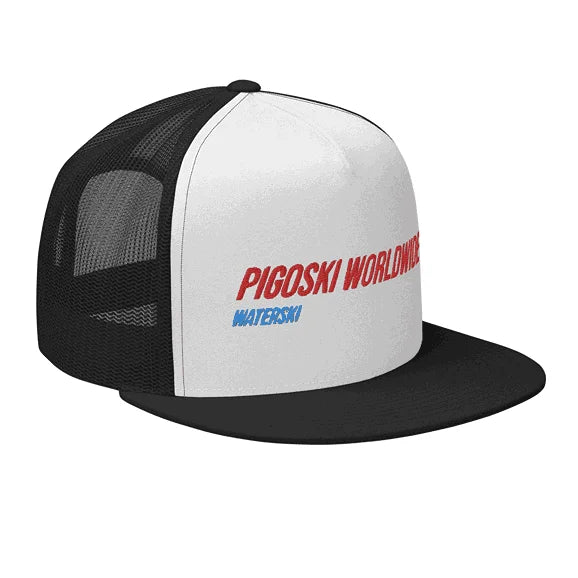 White and black trucker cap with red and blue text on a white background
