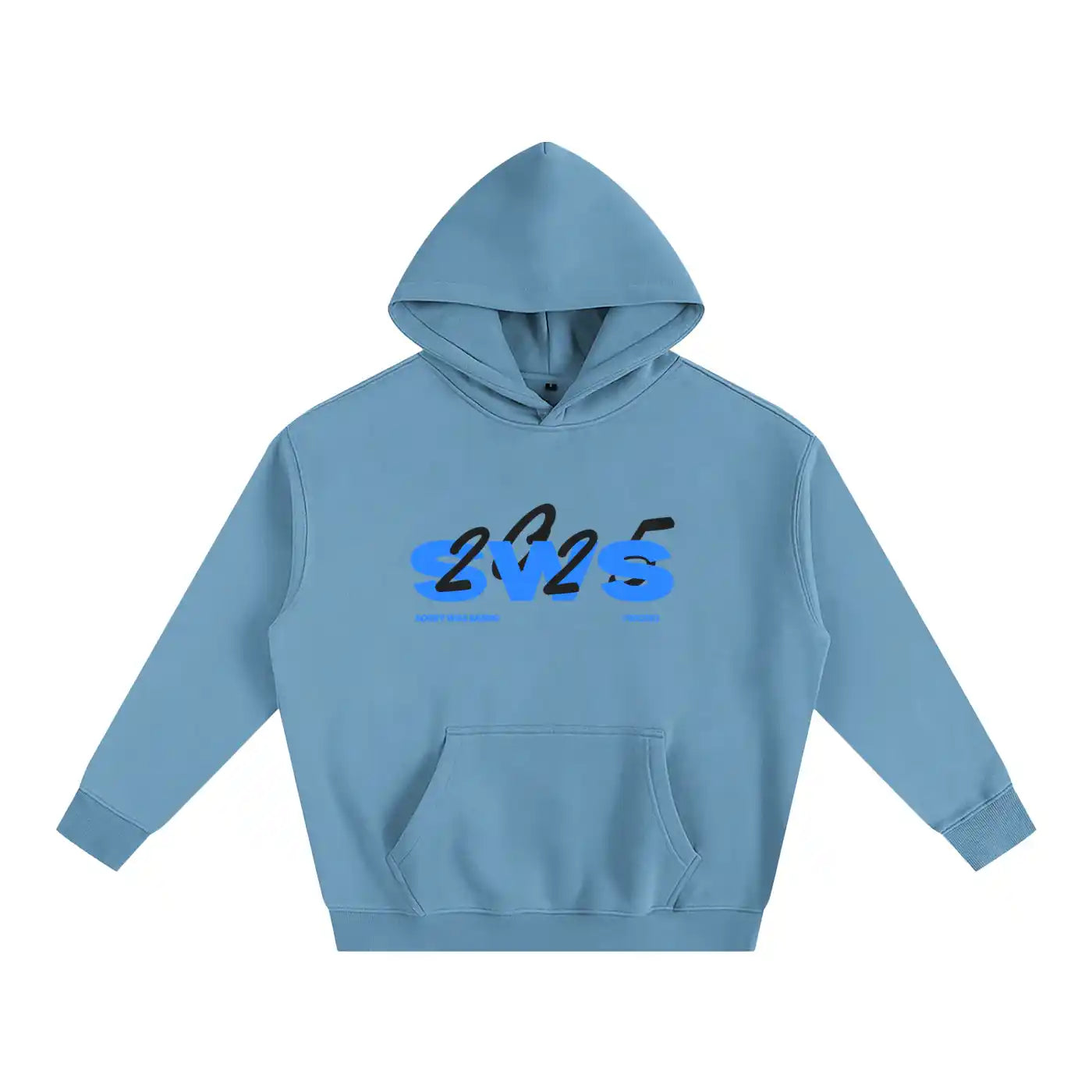 Blue hoodie with '2025' printed on it against a white background