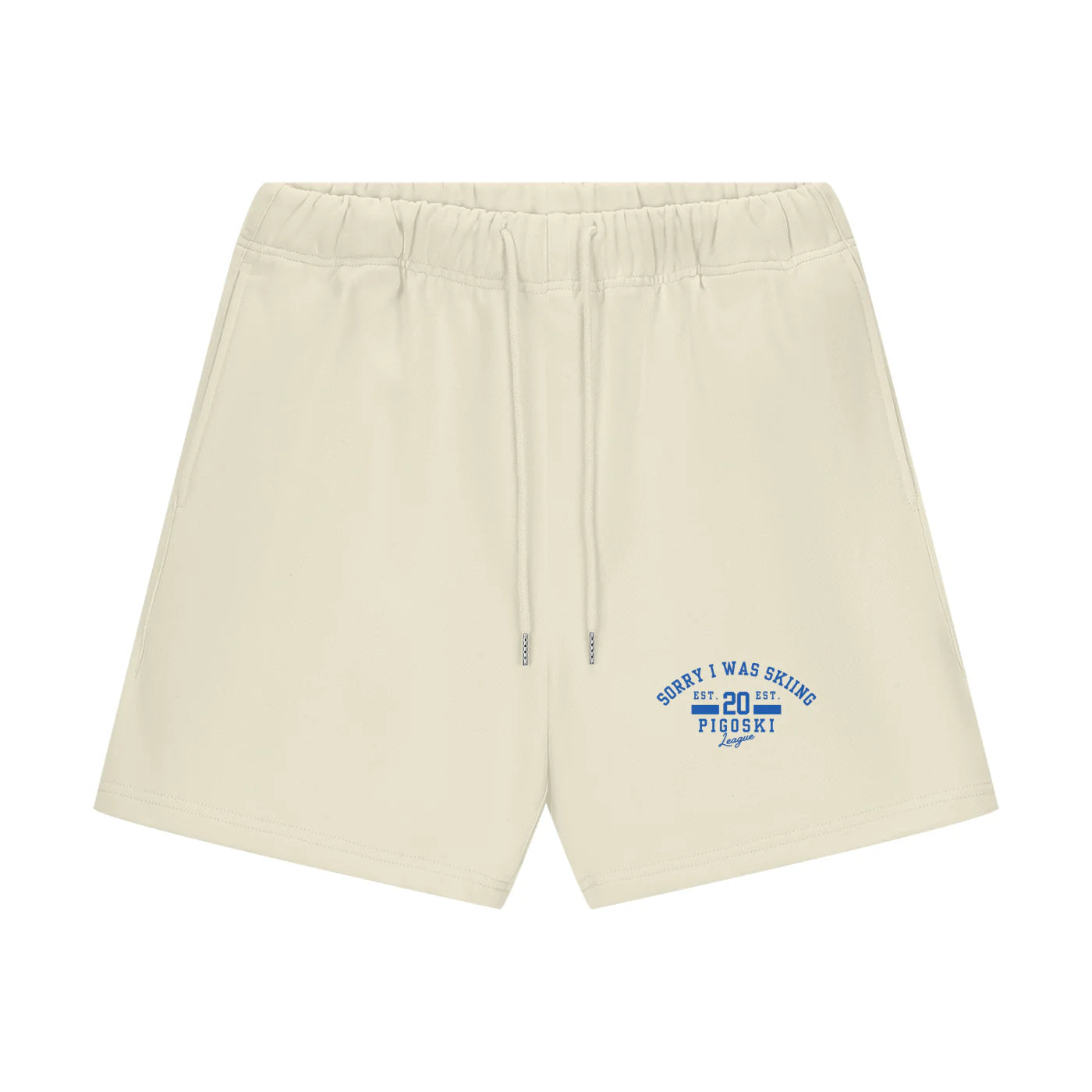 Beige shorts with a blue and red graphic on a white background