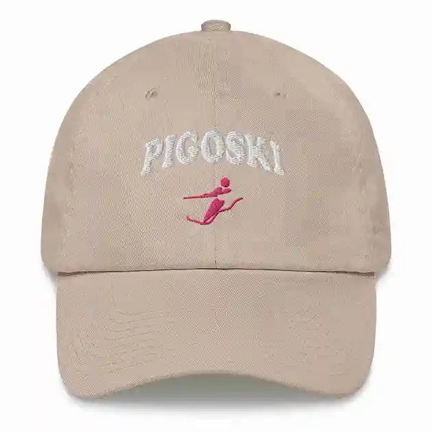 Beige color cap with 'PIGOSKI' and a logo on a white background