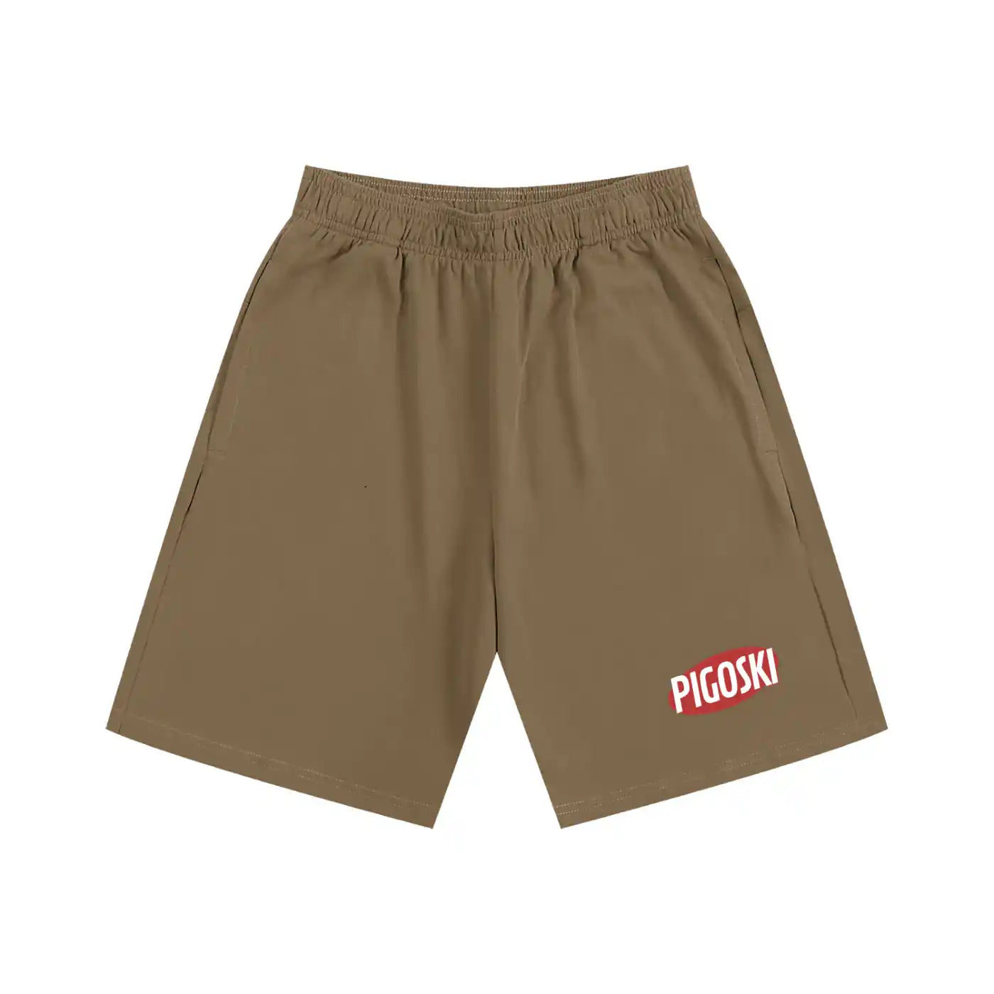 Brown color shorts with a red 'PIGOSKI' logo on a white background