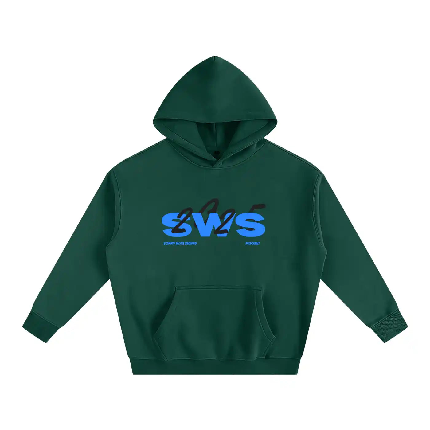 Green hoodie with blue and black text on a white background