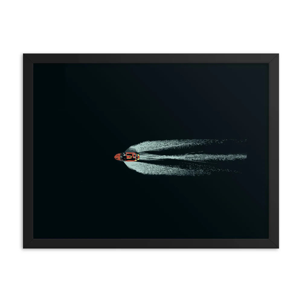 Framed artwork of a speedboat leaving a trail on water against a black background