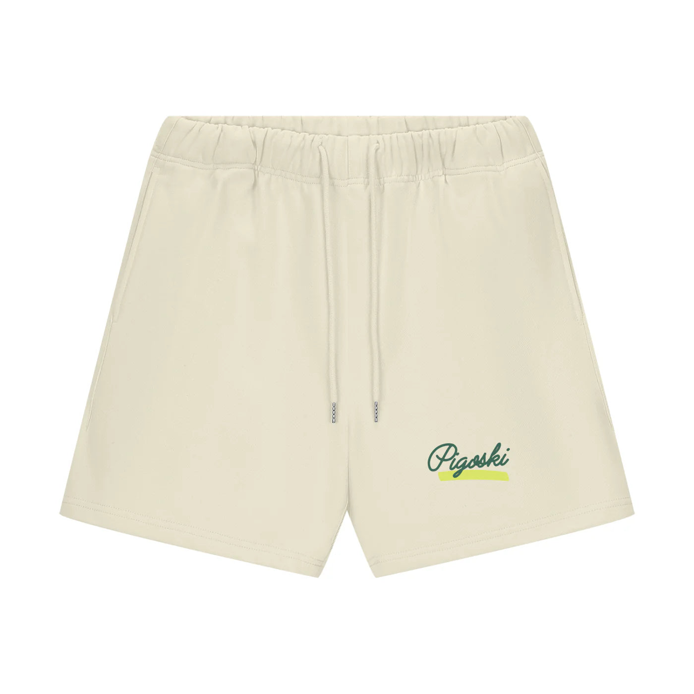 Beige shorts with a brand logo on a white background