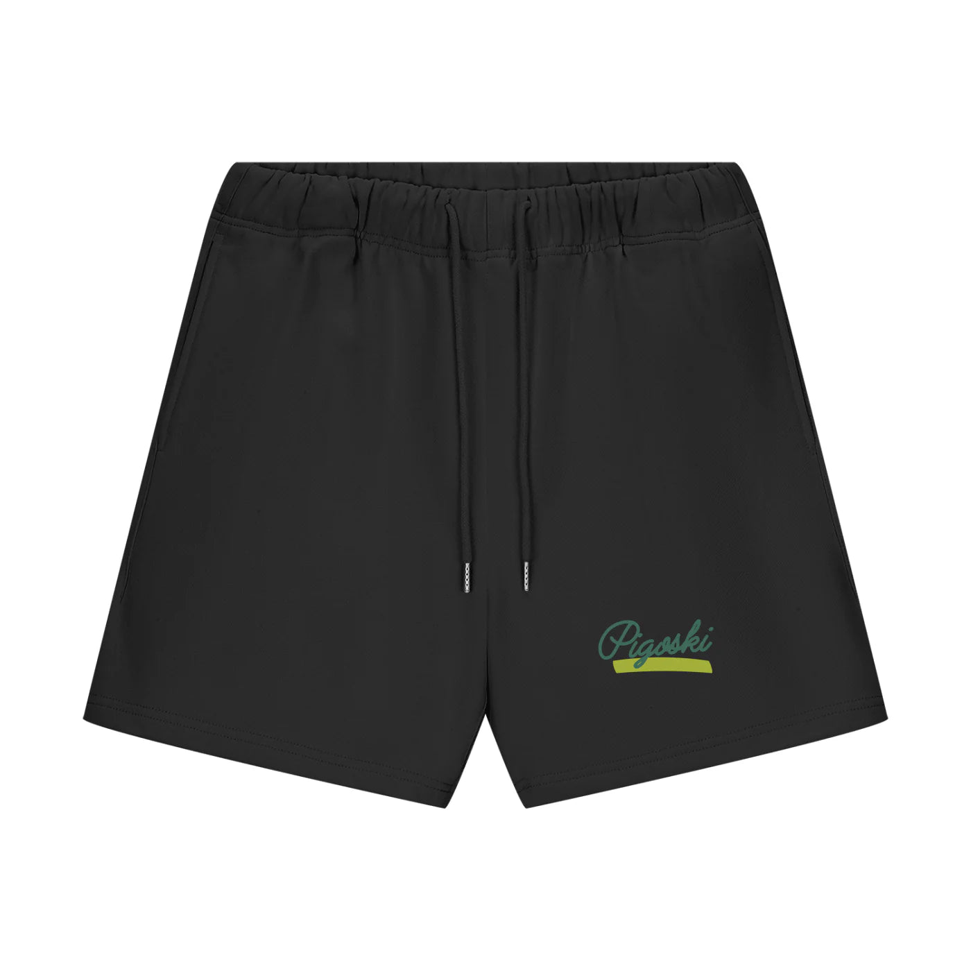 Black shorts with a brand logo on a white background