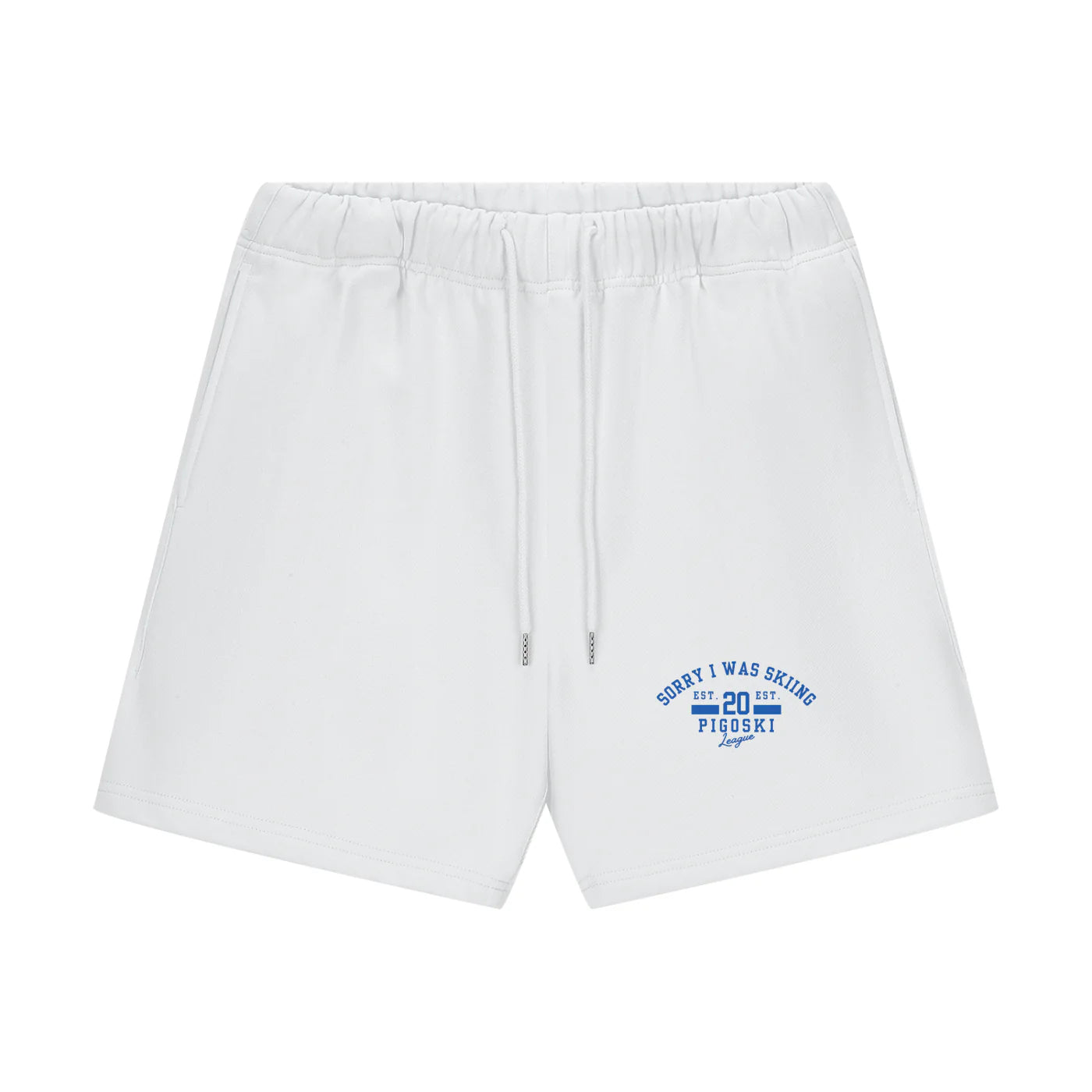 White shorts with blue text on a white background