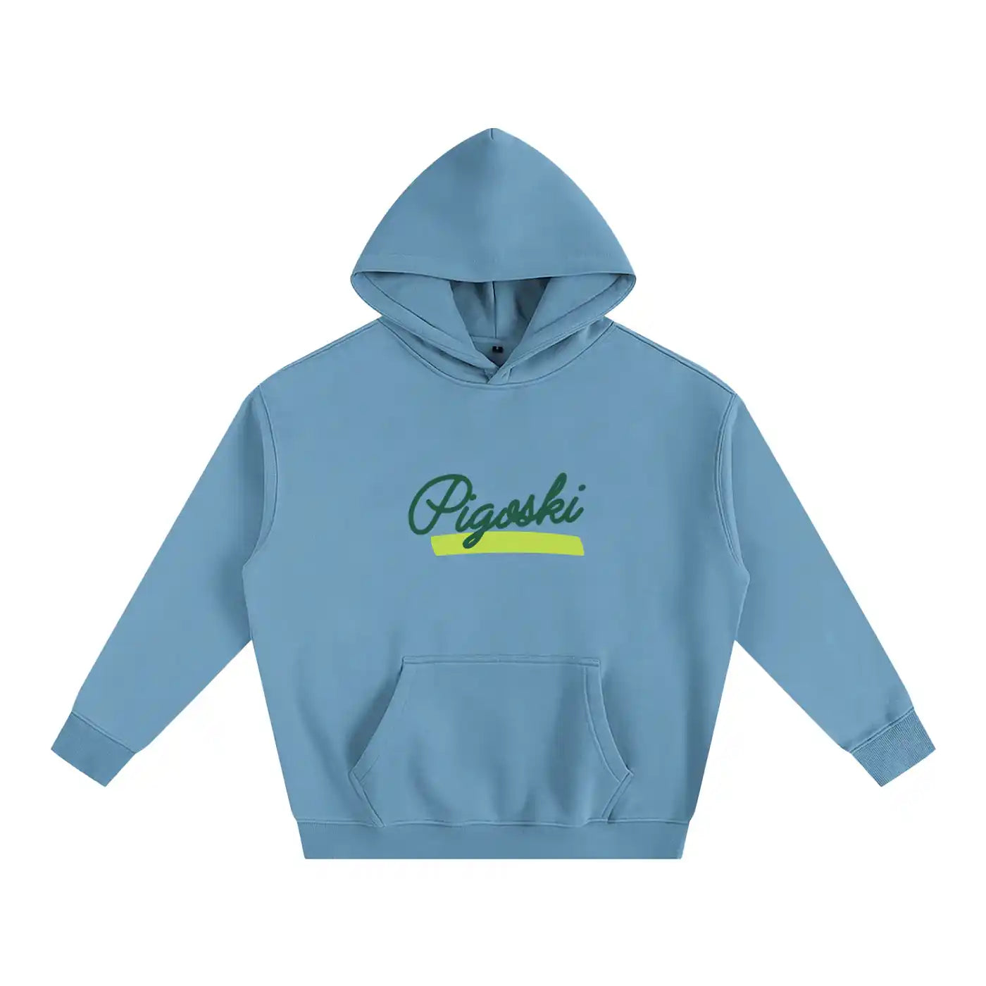 Blue hoodie with 'Pigoski' logo on a white background