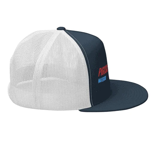 White and navy cap with a logo on a white background