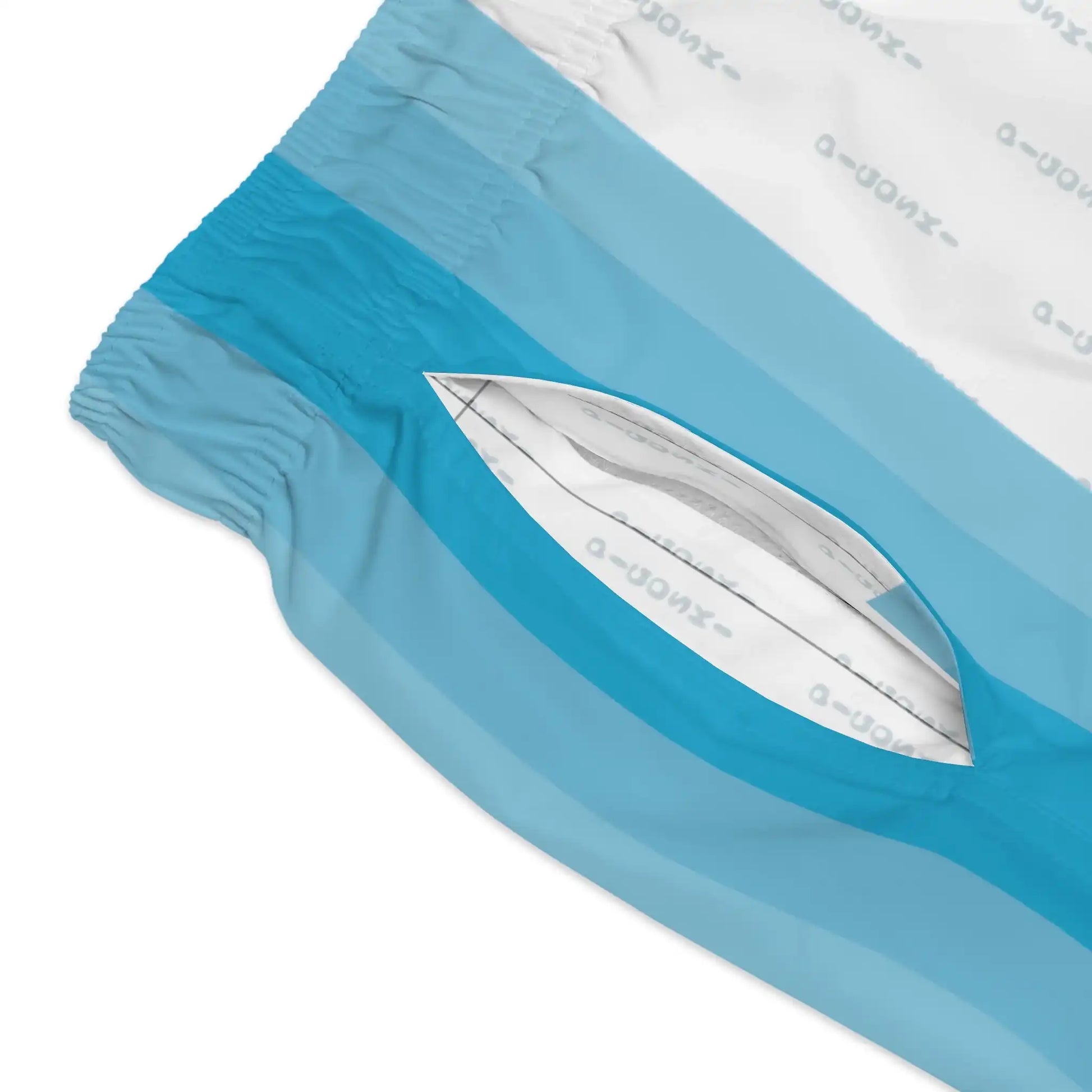 White shorts with blue accents close up view