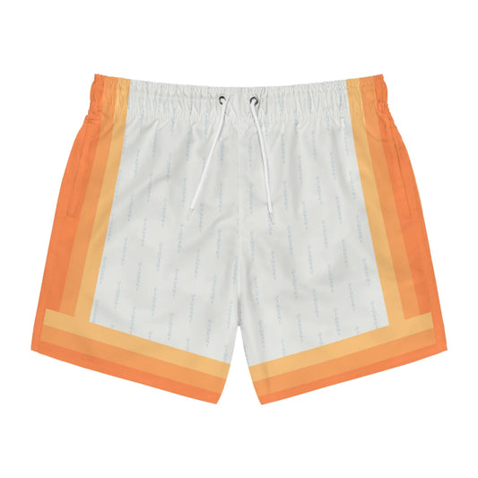 White shorts with orange and yellow trim on a white background