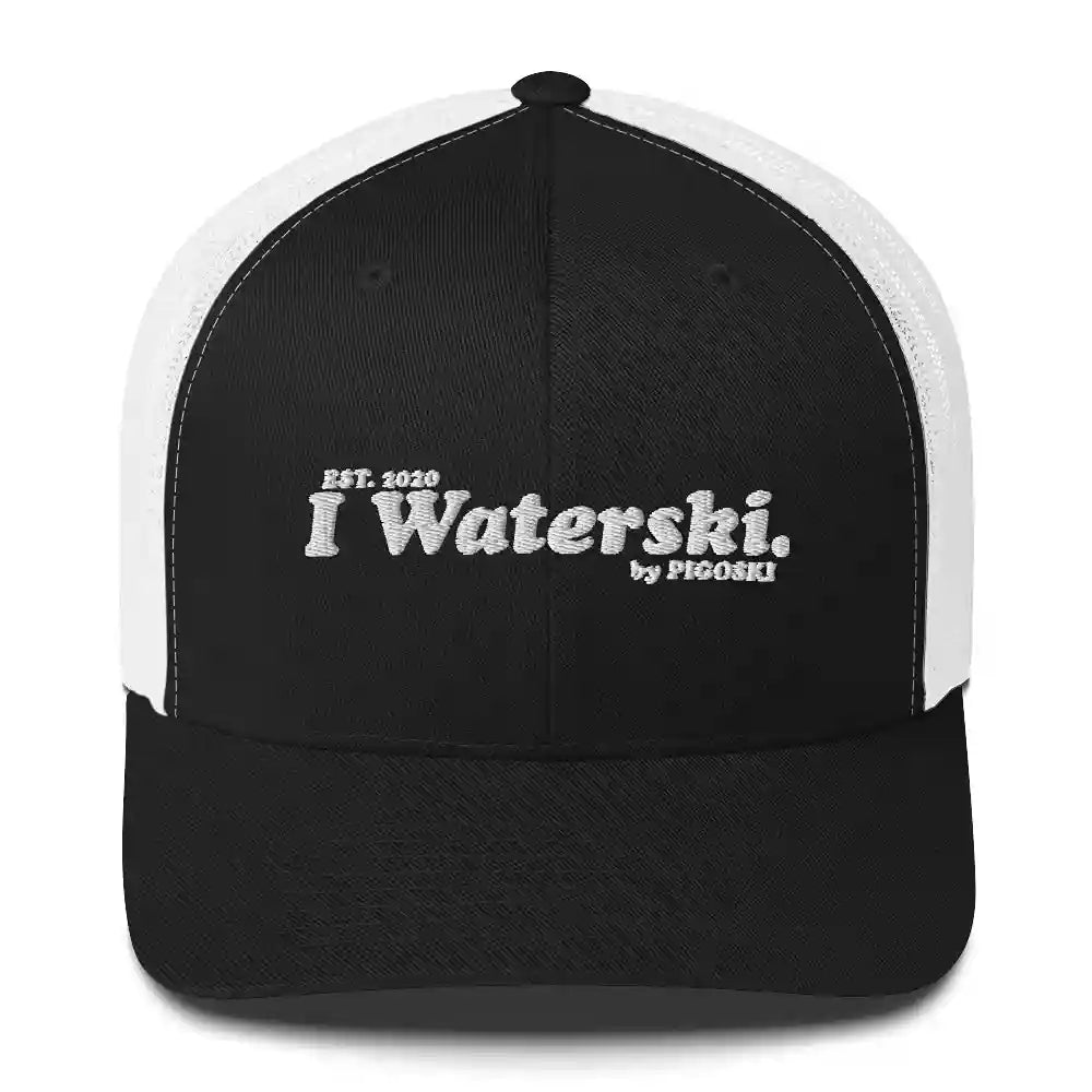 Black and white cap with 'I Waterski' text 