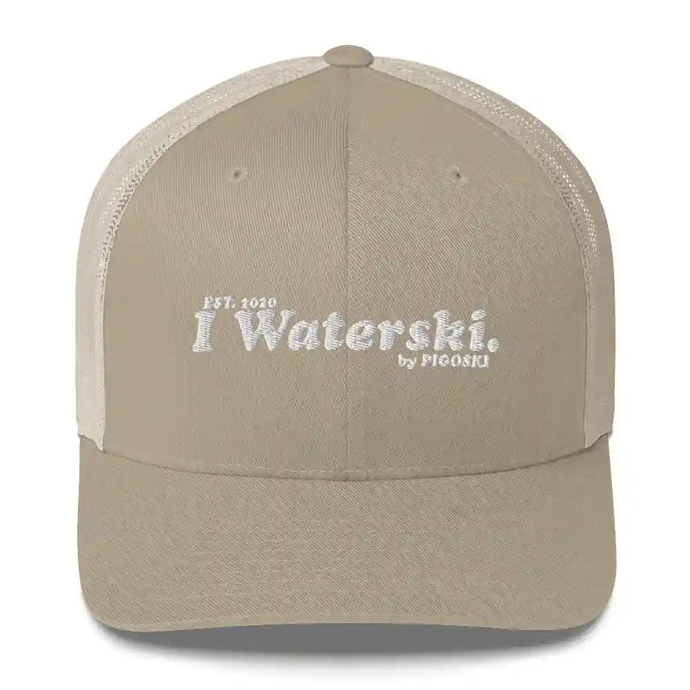 Beige and white cap with 'I Waterski' text in white on a white background