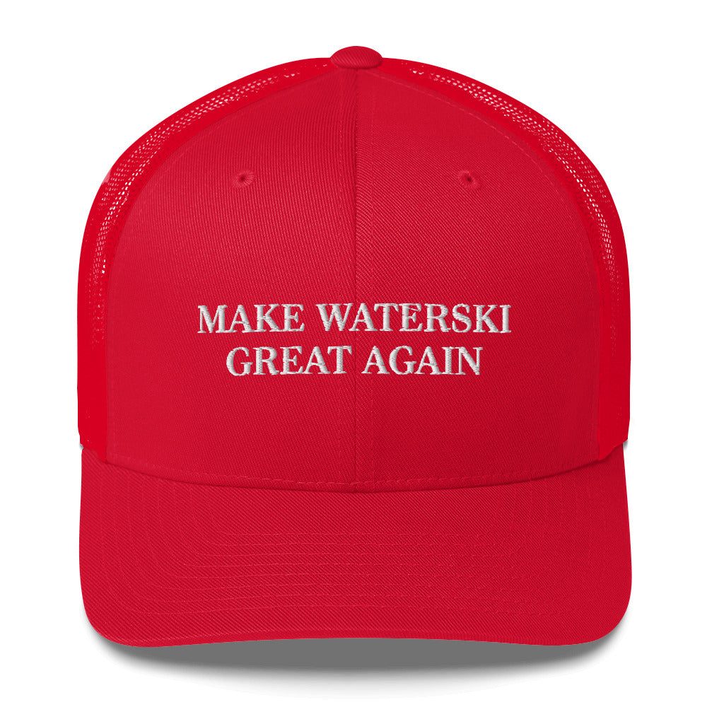 A red trucker cap with 'MAKE WATERSKI GREAT AGAIN' embroidered on the front panels.