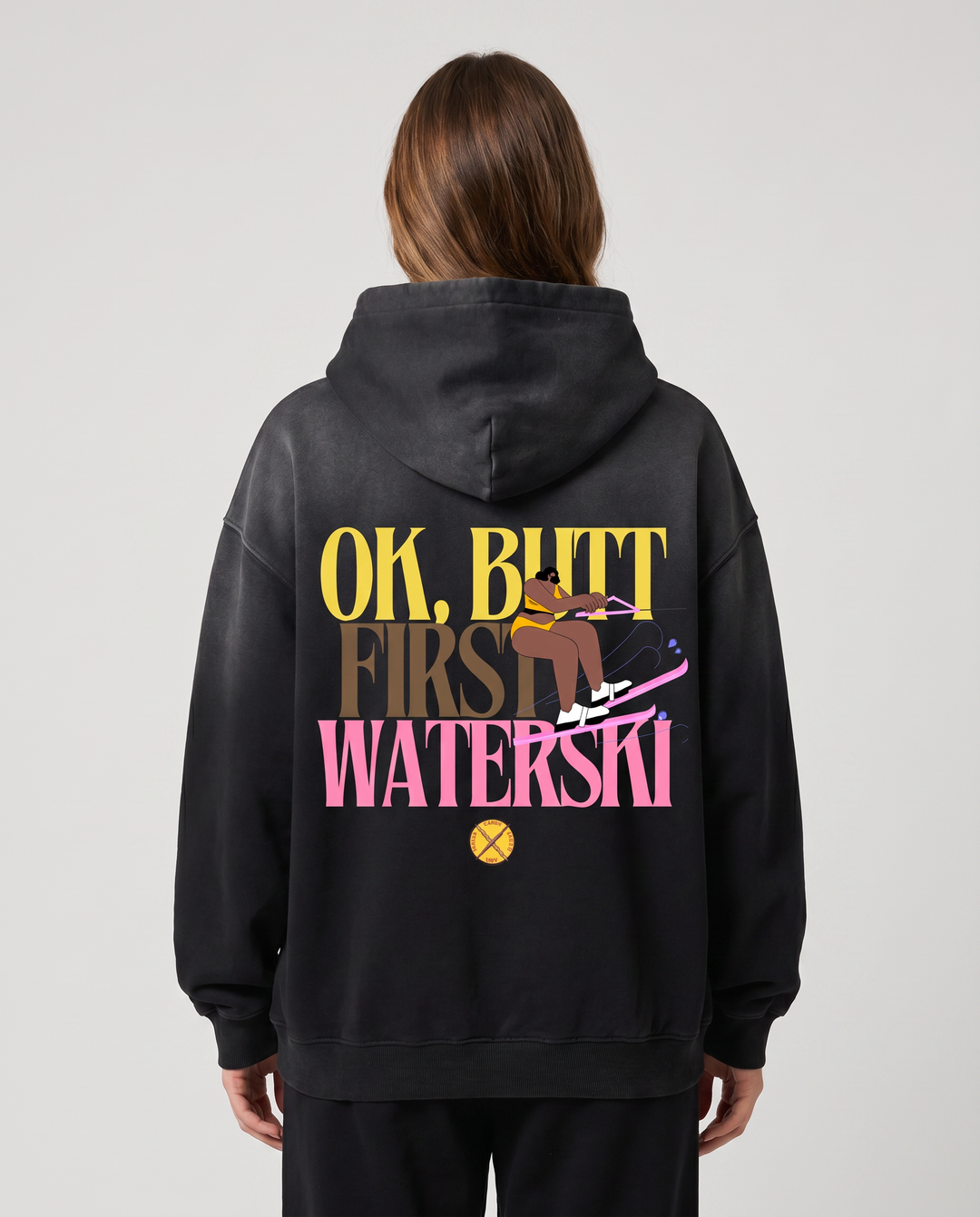 PIGOSKI BUTT Skier Hoodie — Heavyweight Sunfade on model — studio fit shot