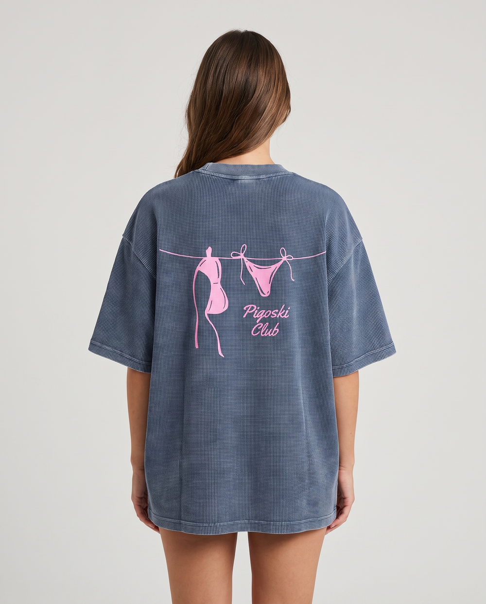 PIGOSKI Club Bikini Waffle Tee — Haze Blue on model — studio fit shot