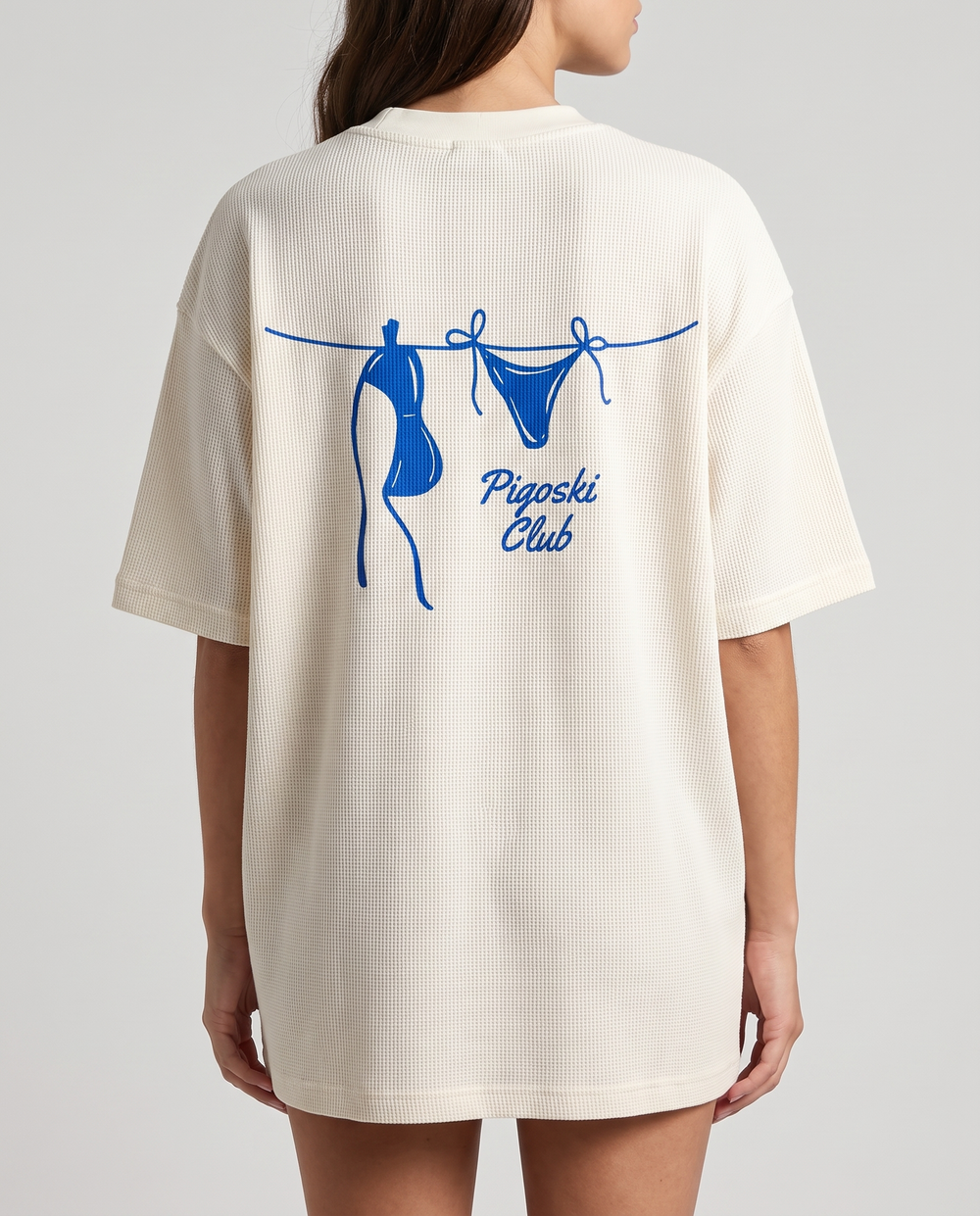 PIGOSKI Club bikini Waffle Tee — White on model — studio fit shot