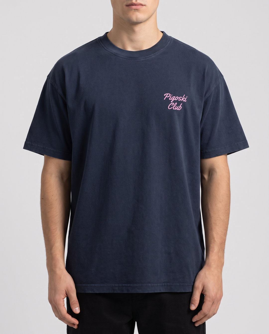 PIGOSKI Club Tee — Vintage Wash (Deep) on model — studio fit shot