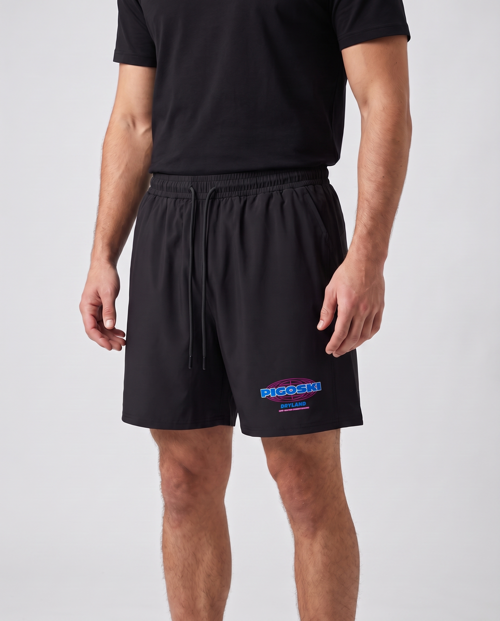 PIGOSKI Dry Land Neon Shorts — Men's on model — studio fit shot