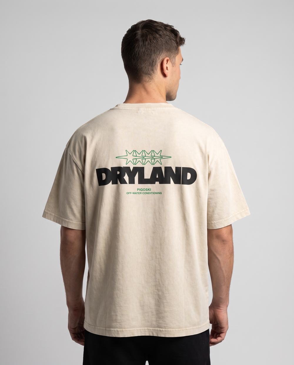 PIGOSKI Dryland Oval Boxy Tee — Mineral Wash (Brights) on model — studio fit shot