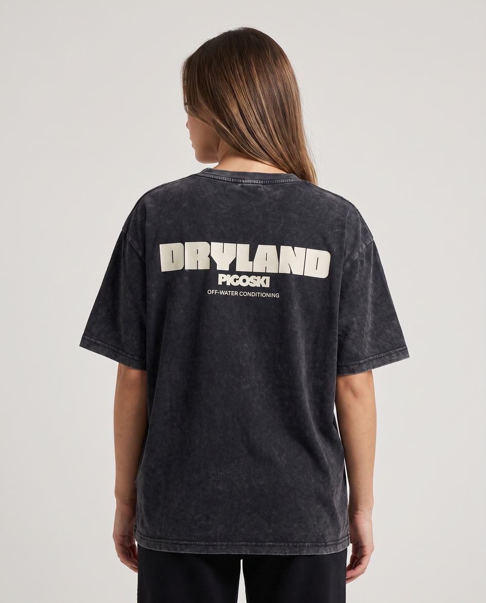 PIGOSKI Dryland Wordmark Boxy Tee — Mineral Wash on model — studio fit shot