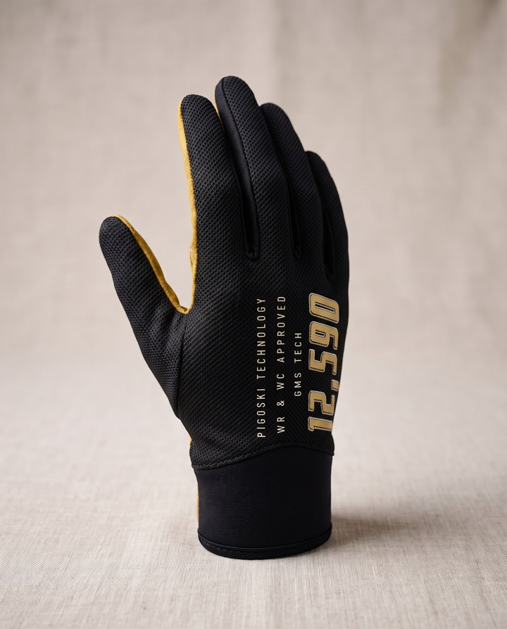 PIGOSKI GMS V1 waterski glove, Black / Gold — studio shot, gold 12,590 back-of-hand print