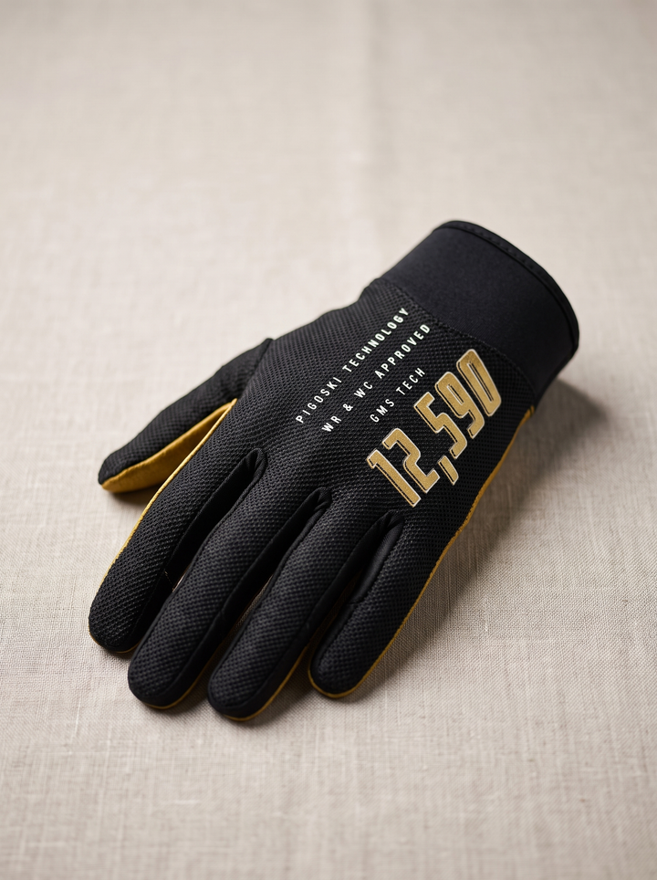 PIGOSKI GMS V1 Legacy waterski glove — studio shot, black with gold 12,590 back-of-hand print