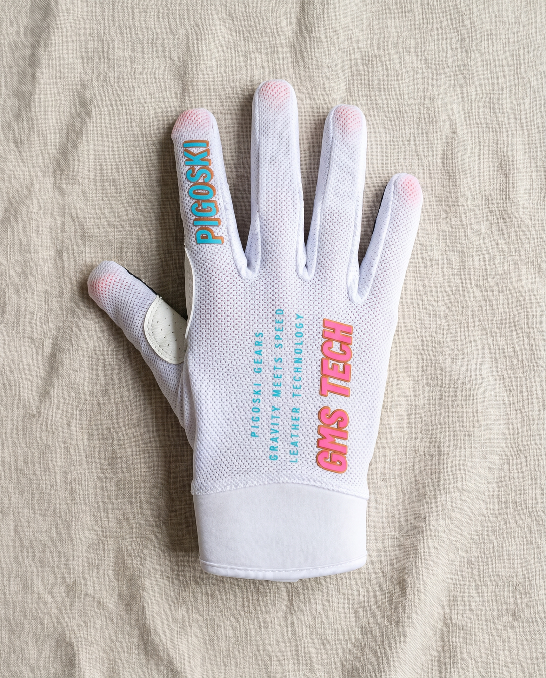 PIGOSKI GMS V1 waterski glove, White — studio shot, back of hand with GMS TECH print