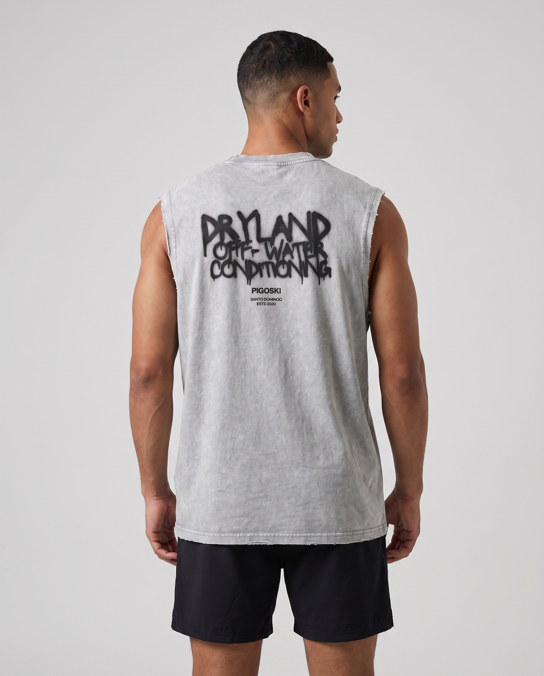 PIGOSKI Graffiti Dryland Frayed Tank — Snow Wash on model — studio fit shot