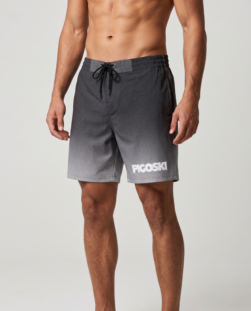 Pigoski Mascot Grey Washed Men's Board Shorts on model — studio fit shot
