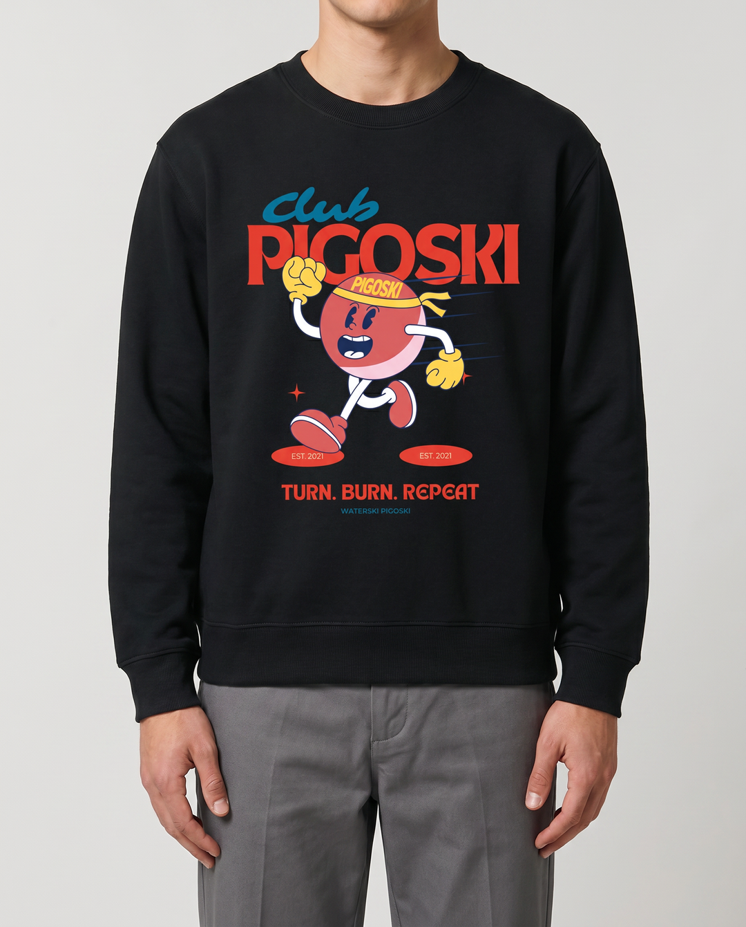 PIGOSKI Mascot Crewneck — Heavyweight on model — studio fit shot