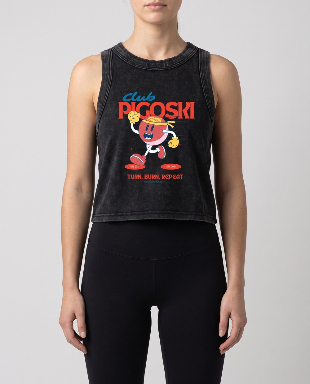 PIGOSKI Mascot Tank — Snow Wash on model — studio fit shot