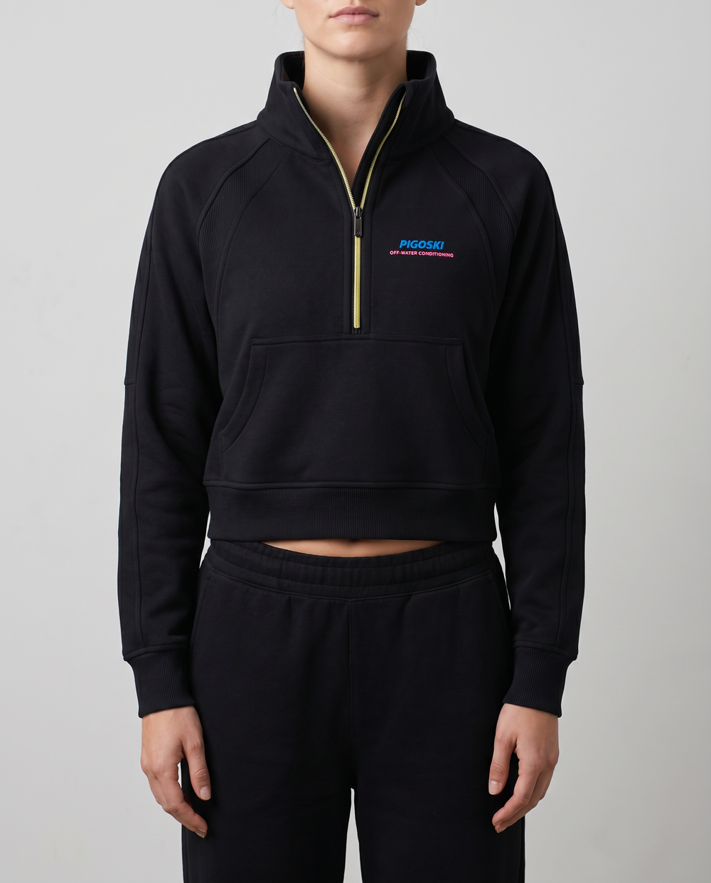 PIGOSKI Neon Cropped Half-Zip — Women's on model — studio fit shot