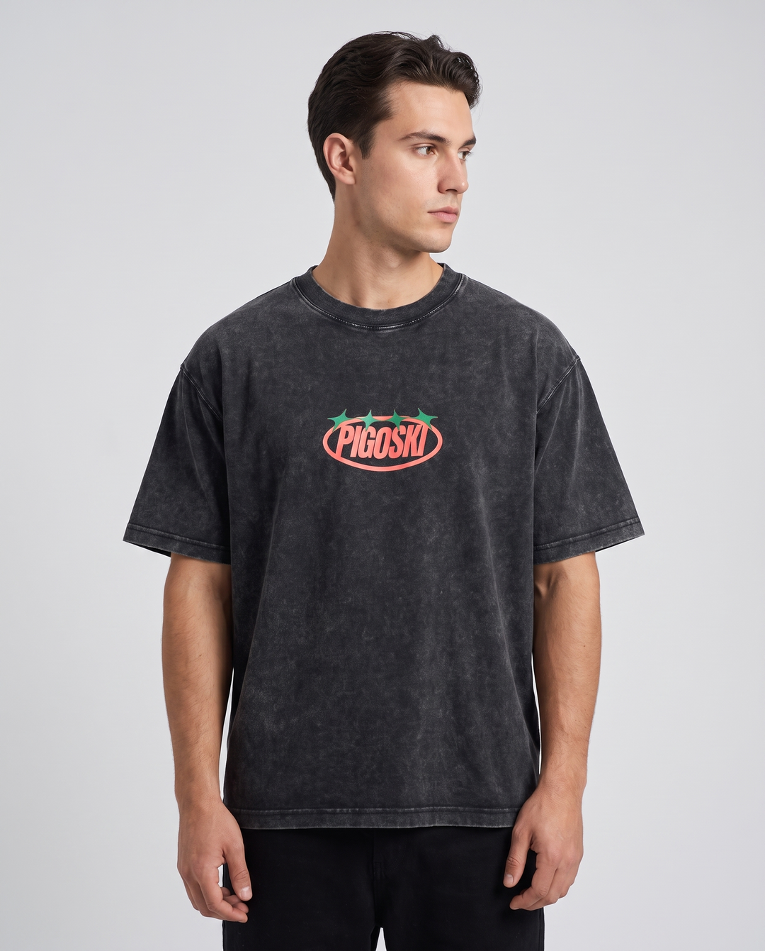 PIGOSKI Oval Boxy Tee — Mineral Wash on model — studio fit shot