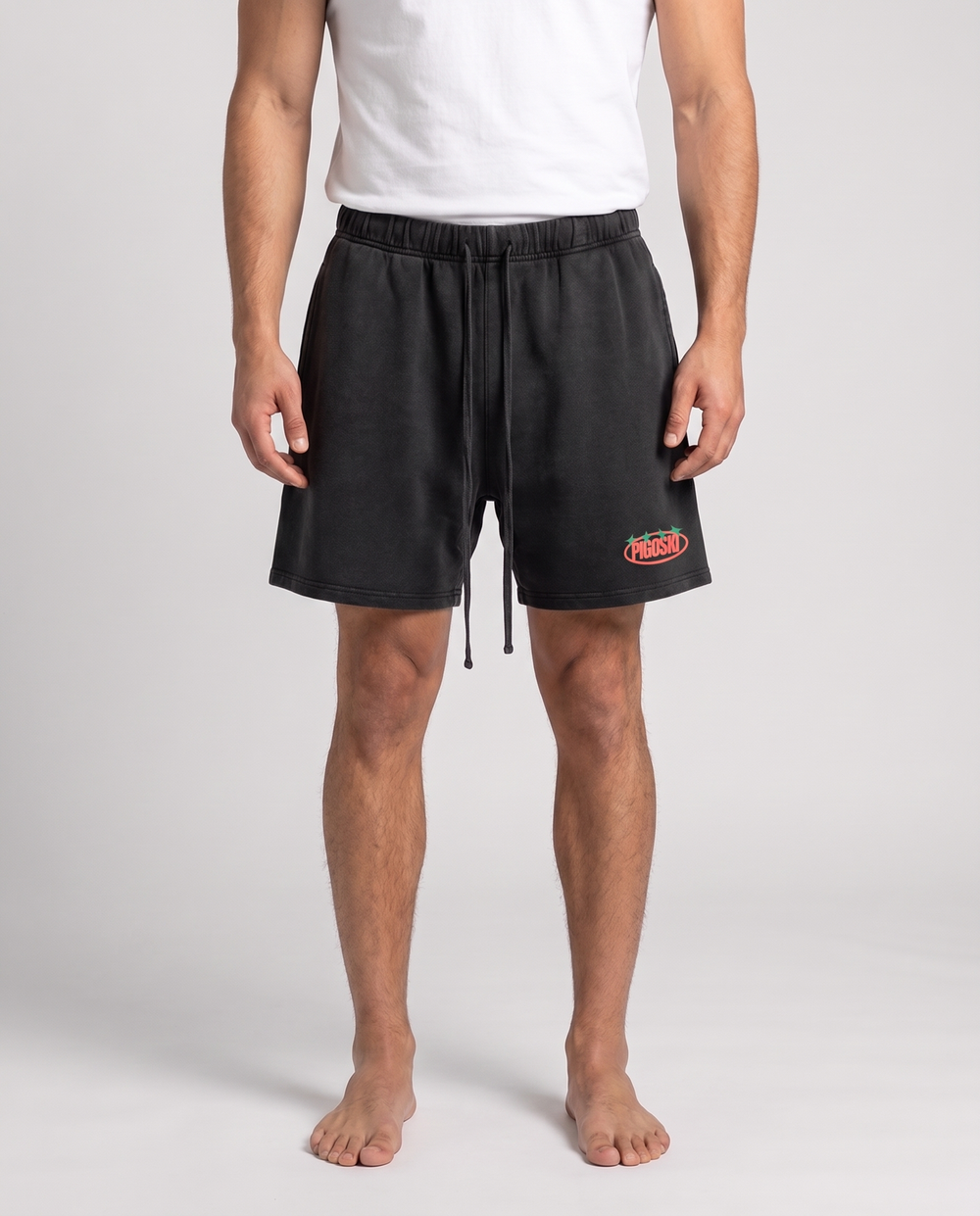 PIGOSKI Rockstar Shorts — Vintage Wash on model — studio fit shot