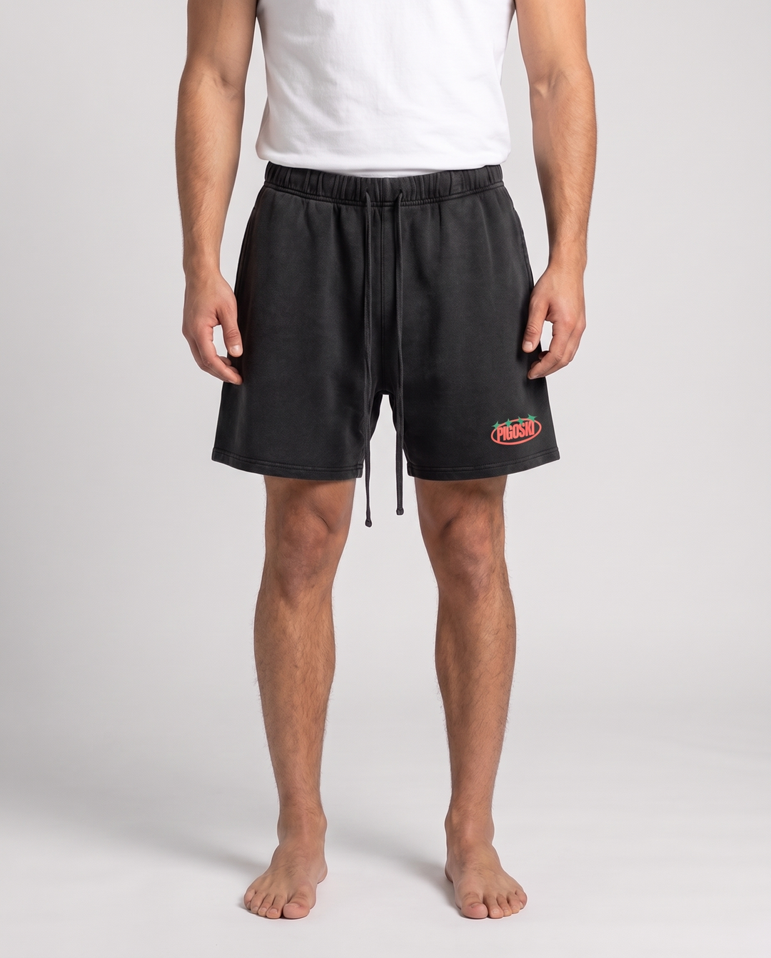 PIGOSKI Rockstar Shorts — Vintage Wash on model — studio fit shot