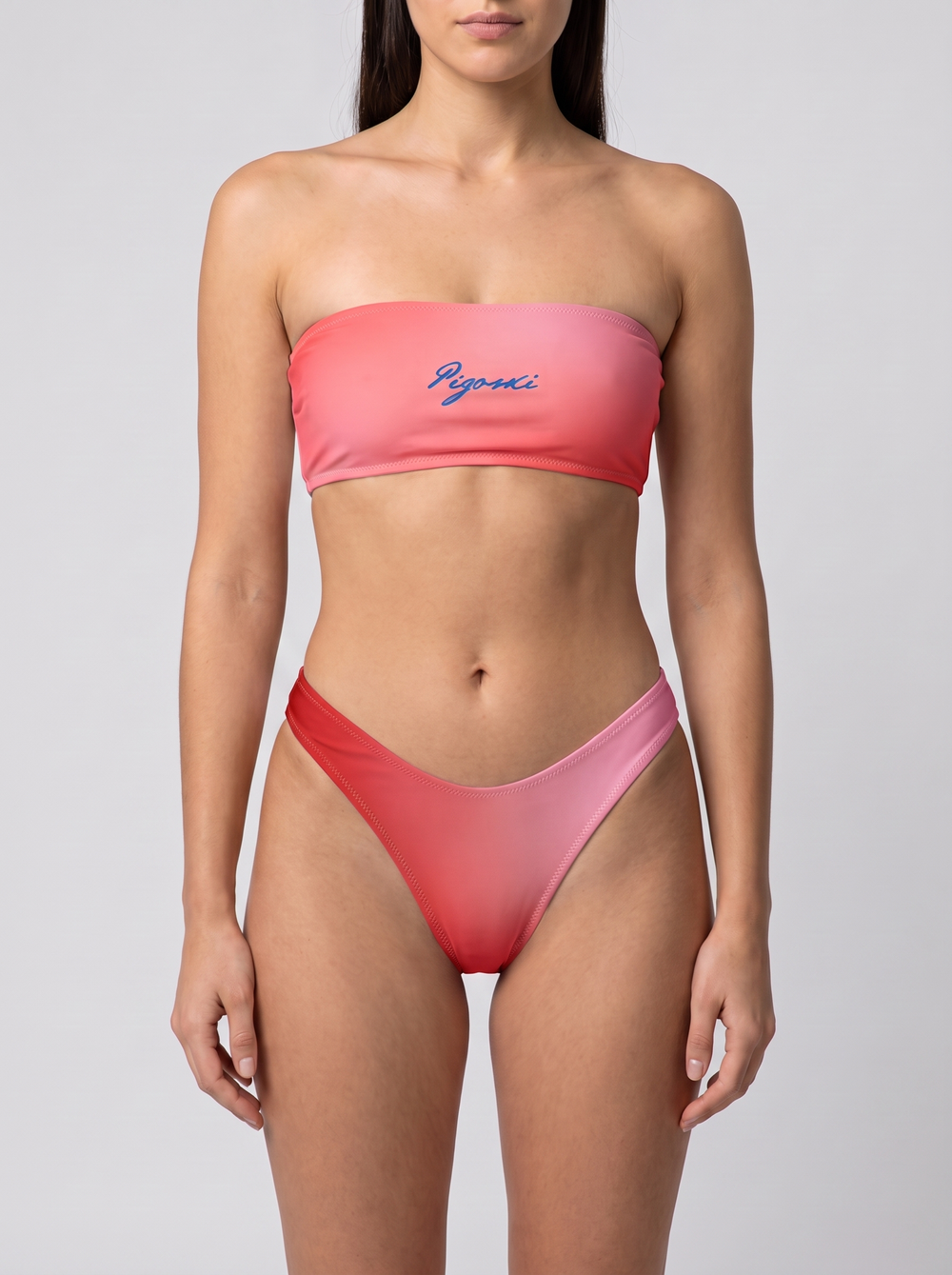 PIGOSKI Rose Fuse V-Cut Bikini Bottom with the Rose Fuse Bandeau top — studio fit shot