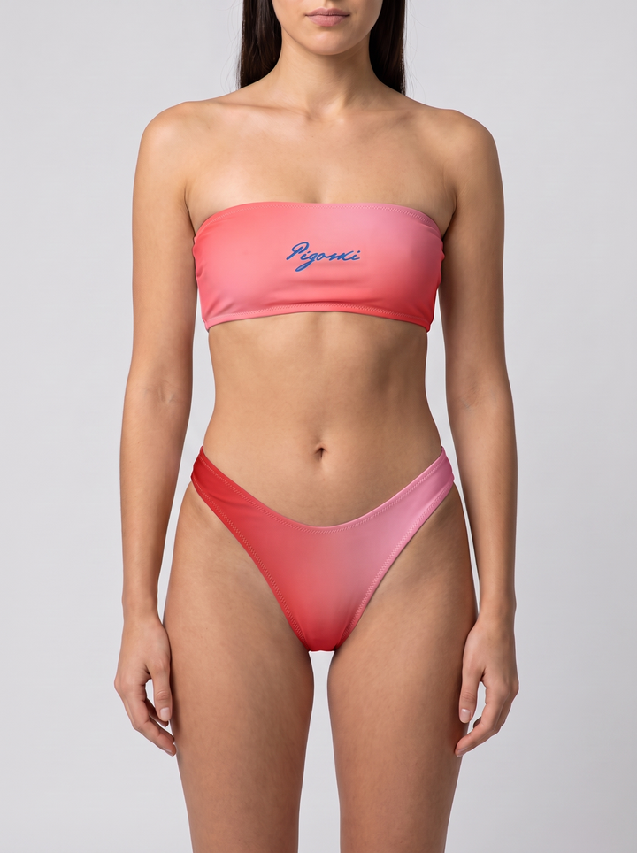 PIGOSKI Rose Fuse V-Cut Bikini Bottom with the Rose Fuse Bandeau top — studio fit shot