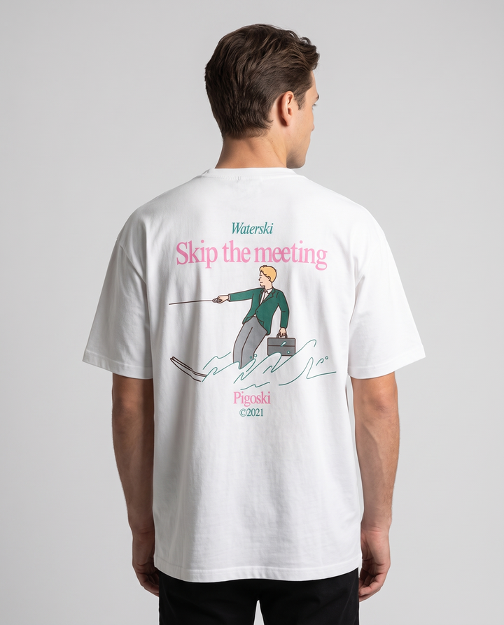 PIGOSKI Skip-the-Meeting Tee on model — studio fit shot (back print)