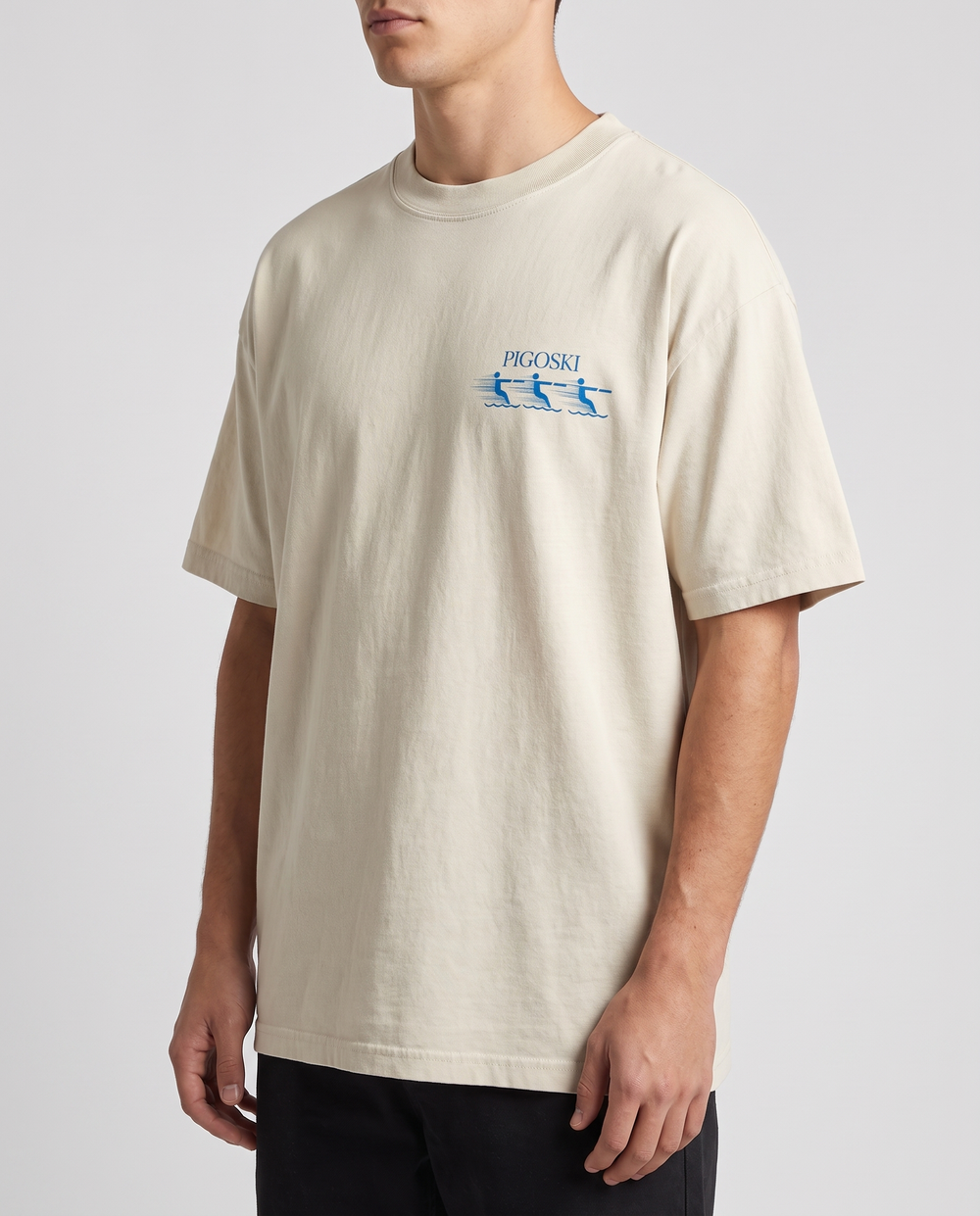PIGOSKI Three Skiers Tee — Vintage Wash on model — studio fit shot