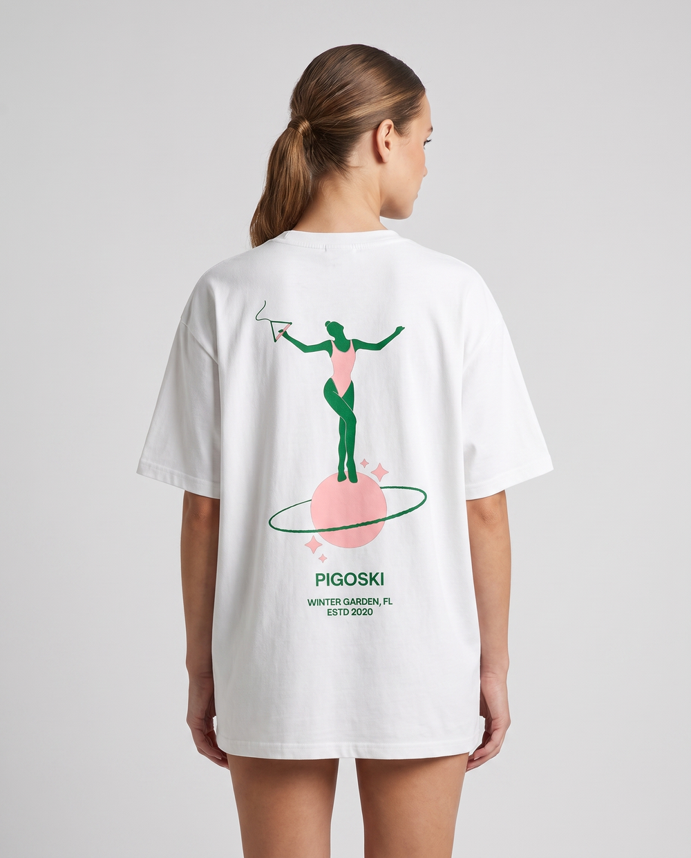PIGOSKI Trick Ballerina Tee — Pure Cotton on model — studio fit shot (back print)