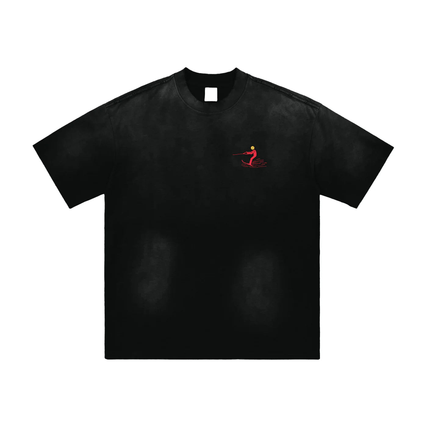 Black t-shirt with a small red graphic on a white background