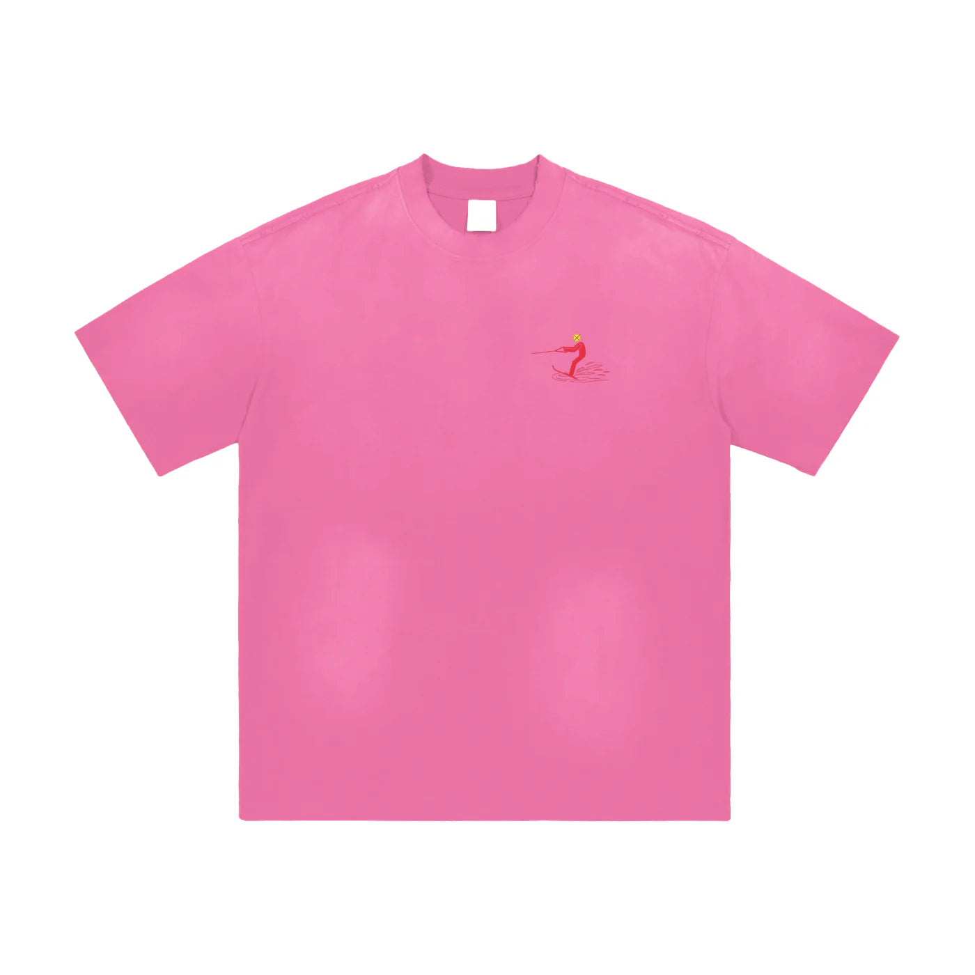 Pink t-shirt with a small logo on a white background