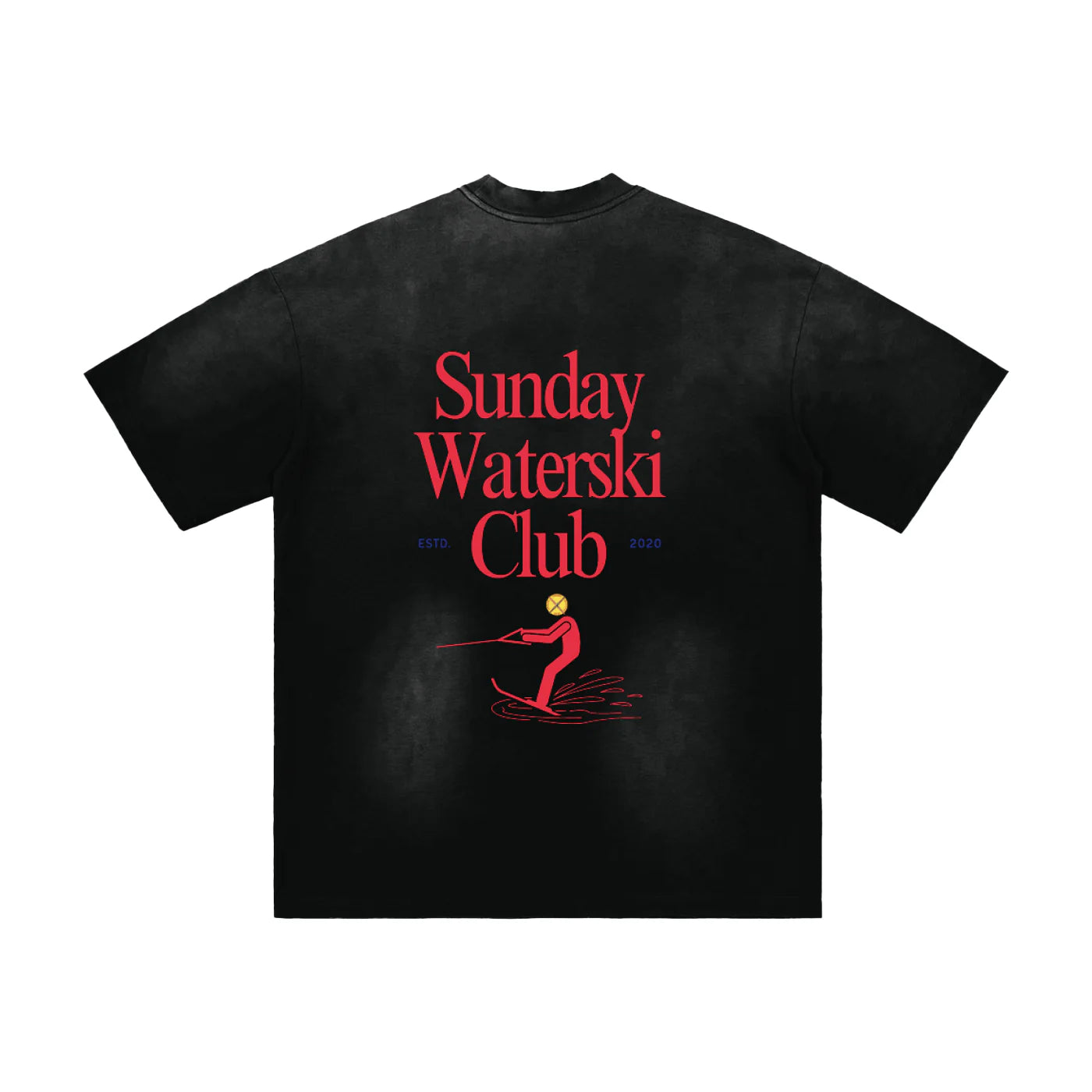 Black t-shirt with red 'Sunday Waterski Club' text and graphic on a white background
