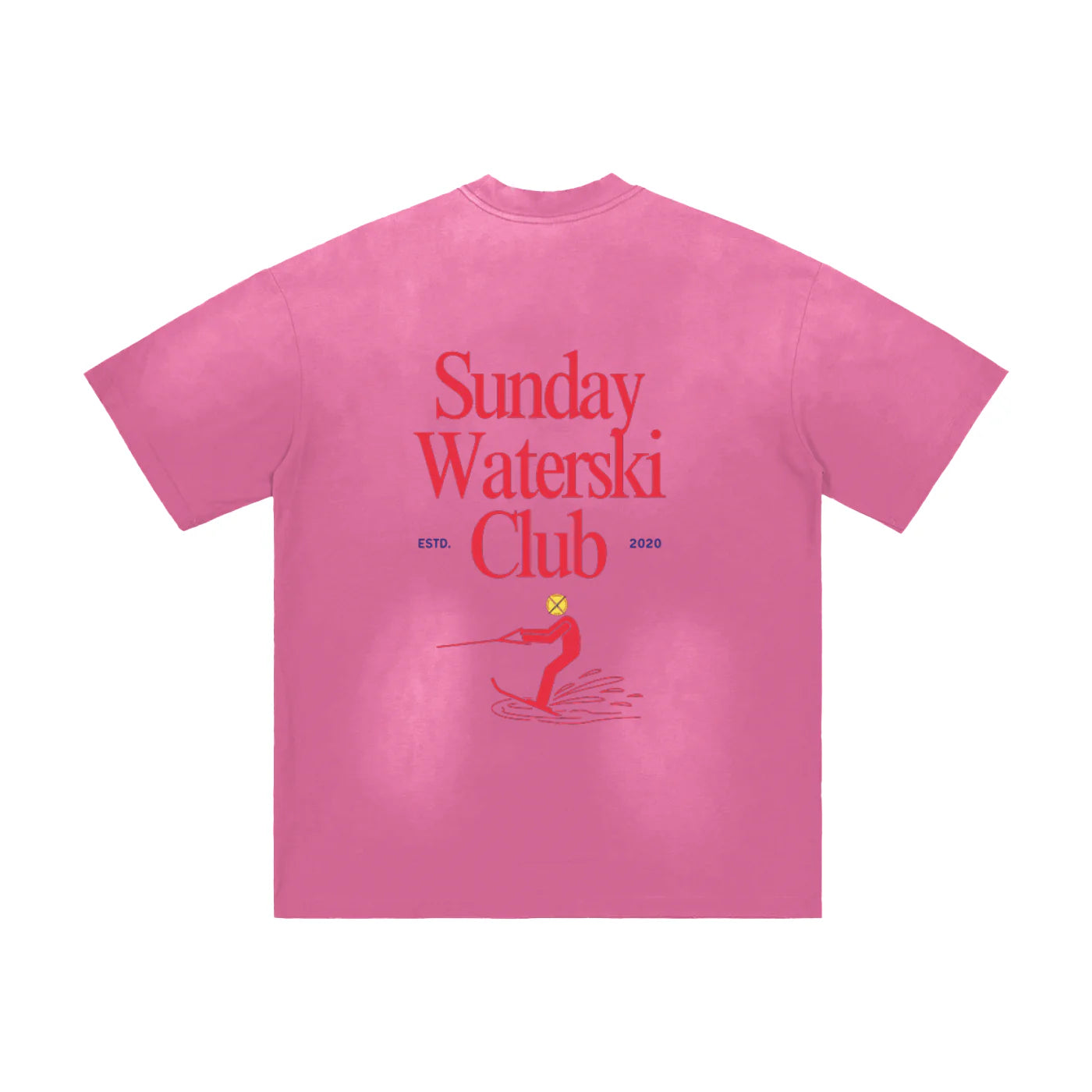 Pink t-shirt with 'Sunday Waterski Club' text and logo on a white background