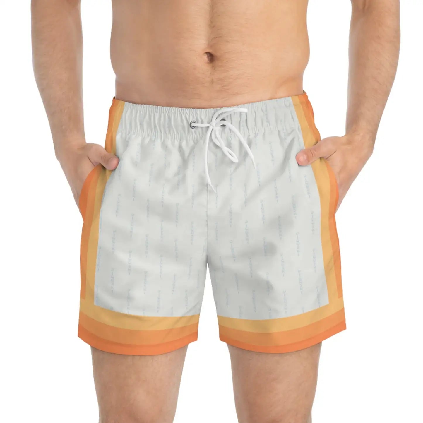 White swim shorts with orange trim
