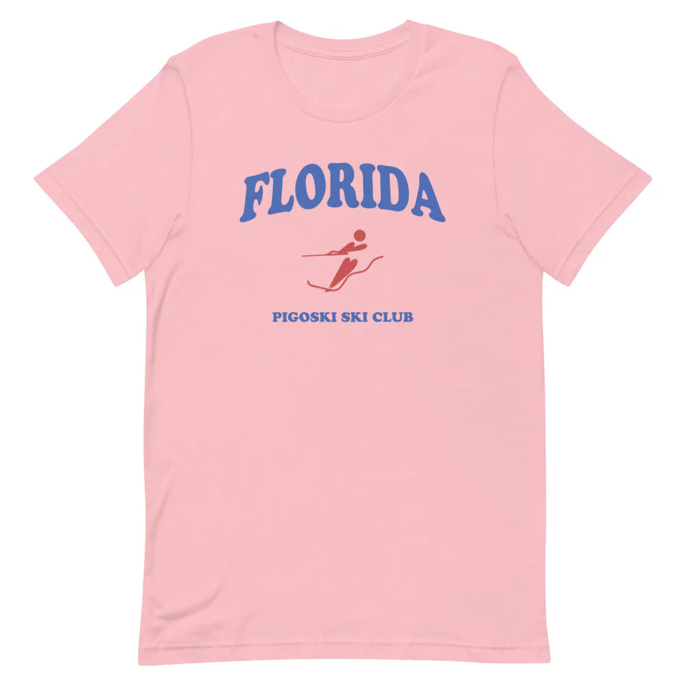 Pink t-shirt with 'Florida' and 'Pigoski Ski Club' text 