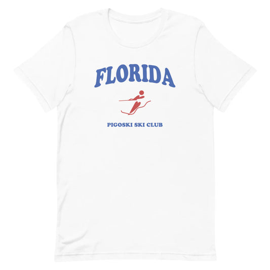 White t-shirt with 'FLORIDA' and 'PIGOSKI SKI CLUB' text and logo on a white background