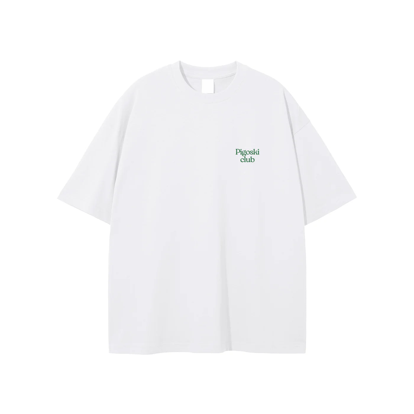 White t-shirt with green text on a white background