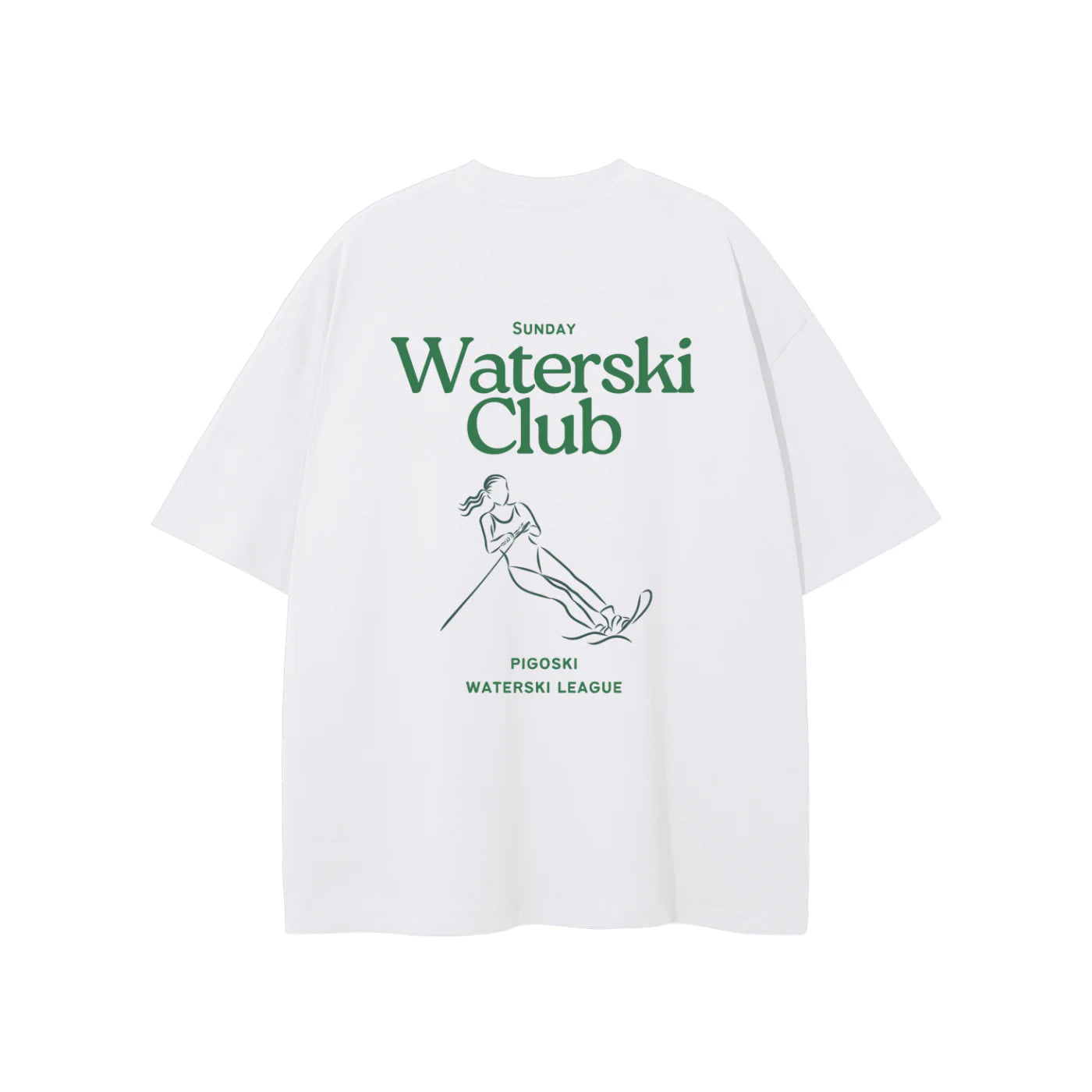 White t-shirt with green text and graphics on a white background
